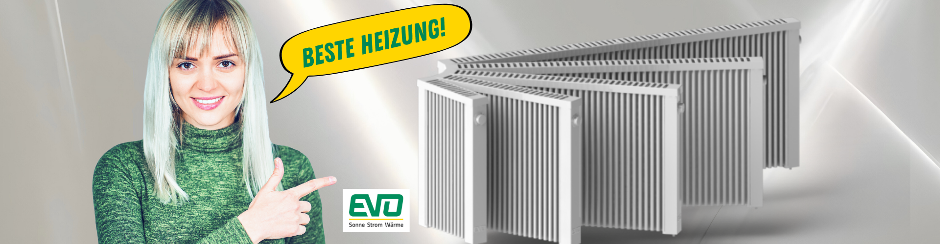 Grüne Frau zeigt auf EVO Elektroheizungen